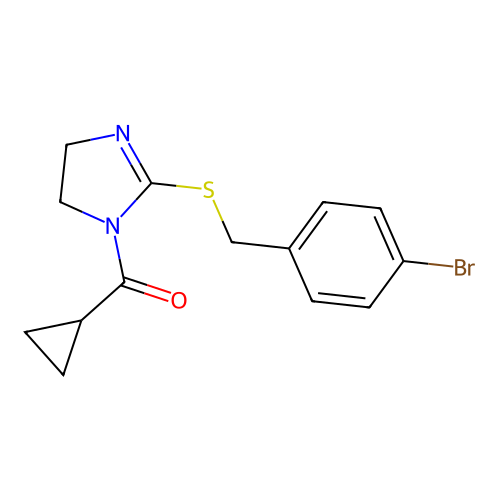 (2-((4-bromobenzyl)thio)-4,5-dihydro-1H-imidazol-1-yl)(cyclopropyl)methanone structure