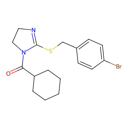 (2-((4-bromobenzyl)thio)-4,5-dihydro-1H-imidazol-1-yl)(cyclohexyl)methanone structure