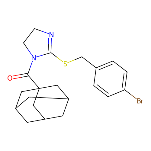 1-adamantyl-[2-[(4-bromophenyl)methylsulfanyl]-4,5-dihydroimidazol-1-yl]methanone structure
