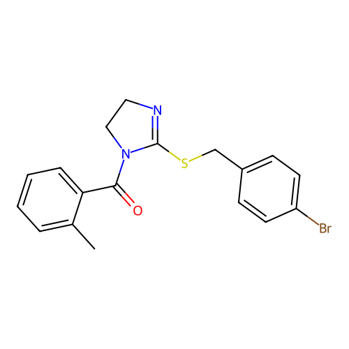 (2-((4-bromobenzyl)thio)-4,5-dihydro-1H-imidazol-1-yl)(o-tolyl)methanone structure