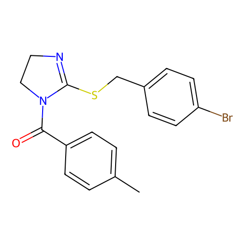 (2-((4-bromobenzyl)thio)-4,5-dihydro-1H-imidazol-1-yl)(p-tolyl)methanone structure