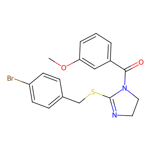 (2-((4-bromobenzyl)thio)-4,5-dihydro-1H-imidazol-1-yl)(3-methoxyphenyl)methanone structure