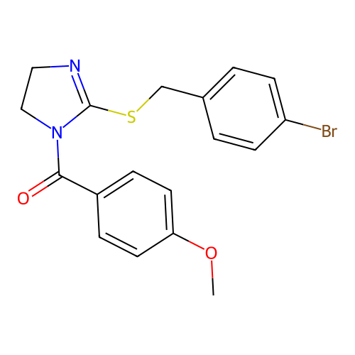 (2-((4-bromobenzyl)thio)-4,5-dihydro-1H-imidazol-1-yl)(4-methoxyphenyl)methanone structure