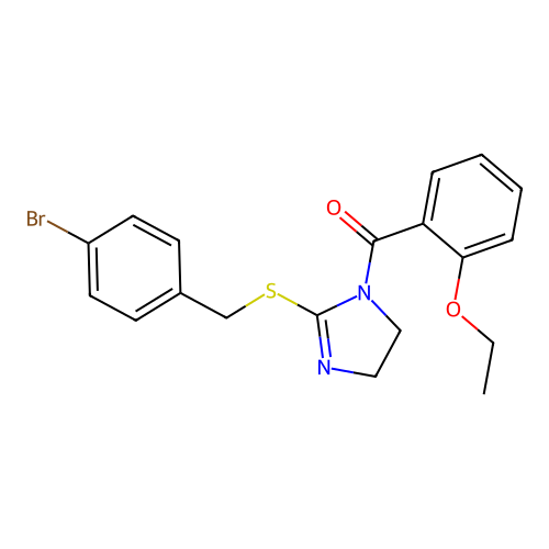 (2-((4-bromobenzyl)thio)-4,5-dihydro-1H-imidazol-1-yl)(2-ethoxyphenyl)methanone structure