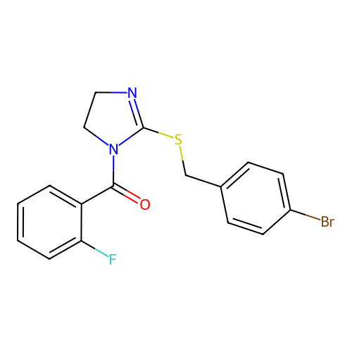 (2-((4-bromobenzyl)thio)-4,5-dihydro-1H-imidazol-1-yl)(2-fluorophenyl)methanone structure