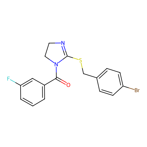 (2-((4-bromobenzyl)thio)-4,5-dihydro-1H-imidazol-1-yl)(3-fluorophenyl)methanone structure