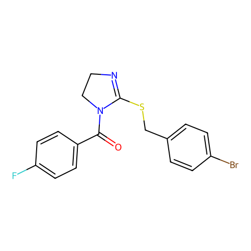 (2-((4-bromobenzyl)thio)-4,5-dihydro-1H-imidazol-1-yl)(4-fluorophenyl)methanone structure