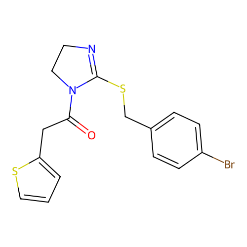 1-(2-((4-bromobenzyl)thio)-4,5-dihydro-1H-imidazol-1-yl)-2-(thiophen-2-yl)ethanone structure
