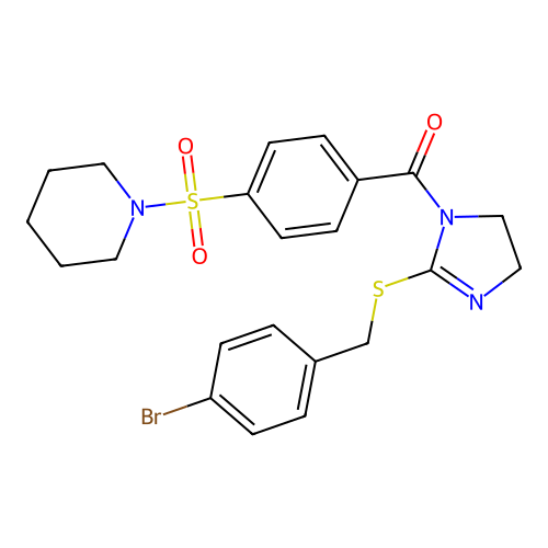(2-((4-bromobenzyl)thio)-4,5-dihydro-1H-imidazol-1-yl)(4-(piperidin-1-ylsulfonyl)phenyl)methanone structure