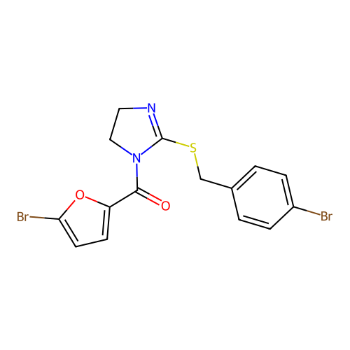 (2-((4-bromobenzyl)thio)-4,5-dihydro-1H-imidazol-1-yl)(5-bromofuran-2-yl)methanone structure