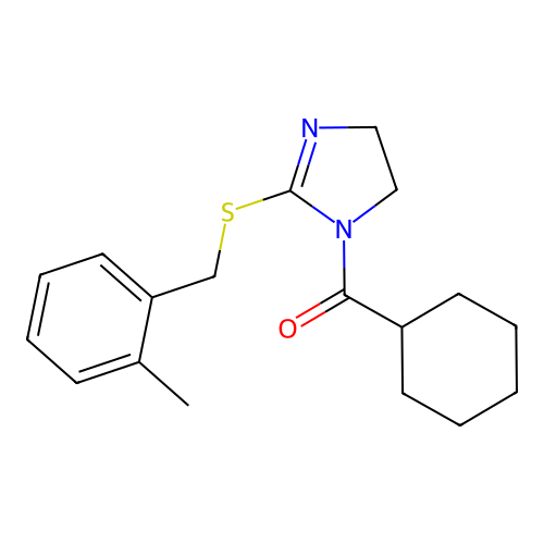 cyclohexyl(2-((2-methylbenzyl)thio)-4,5-dihydro-1H-imidazol-1-yl)methanone structure