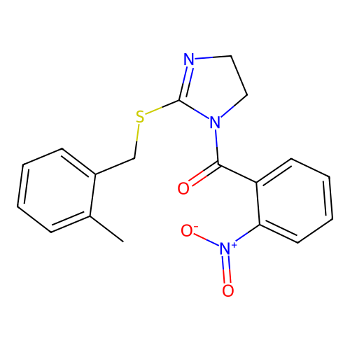 (2-((2-methylbenzyl)thio)-4,5-dihydro-1H-imidazol-1-yl)(2-nitrophenyl)methanone structure