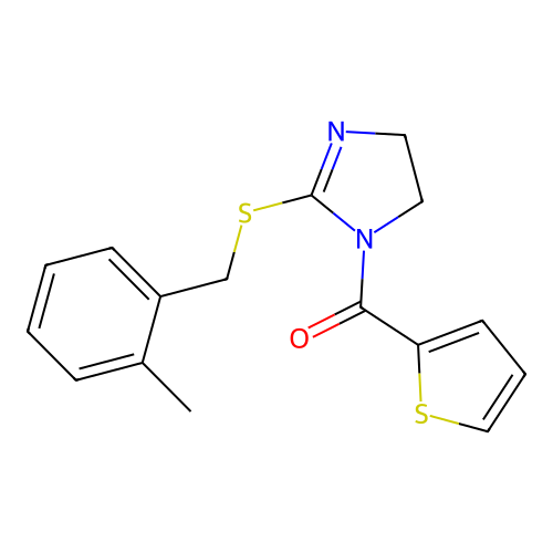 (2-((2-methylbenzyl)thio)-4,5-dihydro-1H-imidazol-1-yl)(thiophen-2-yl)methanone structure