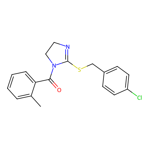 (2-((4-chlorobenzyl)thio)-4,5-dihydro-1H-imidazol-1-yl)(o-tolyl)methanone structure