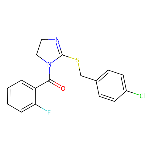 (2-((4-chlorobenzyl)thio)-4,5-dihydro-1H-imidazol-1-yl)(2-fluorophenyl)methanone structure