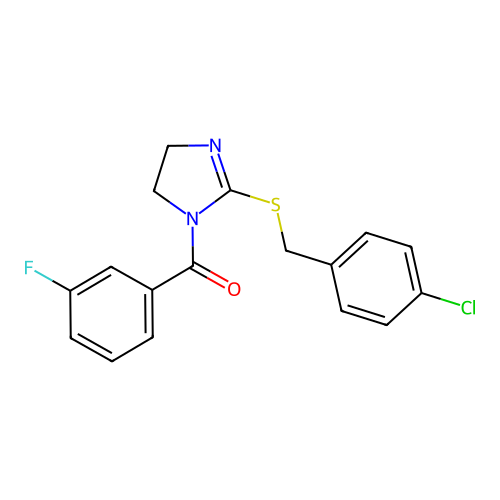 (2-((4-chlorobenzyl)thio)-4,5-dihydro-1H-imidazol-1-yl)(3-fluorophenyl)methanone structure