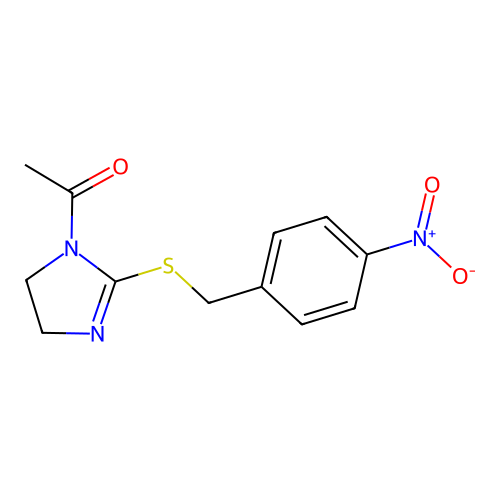 1-(2-((4-nitrobenzyl)thio)-4,5-dihydro-1H-imidazol-1-yl)ethanone structure