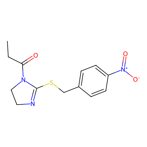 1-[2-[(4-Nitrophenyl)methylsulfanyl]-4,5-dihydroimidazol-1-yl]propan-1-one structure