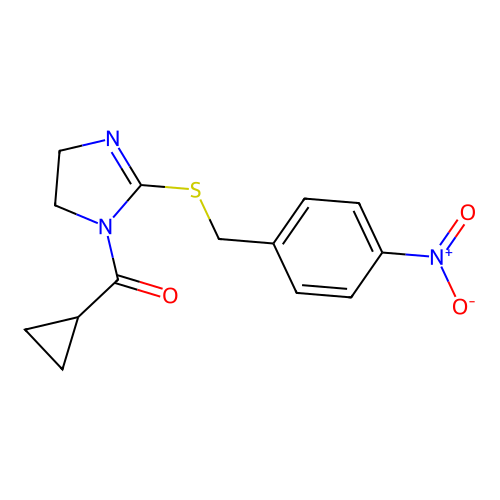 cyclopropyl(2-((4-nitrobenzyl)thio)-4,5-dihydro-1H-imidazol-1-yl)methanone structure