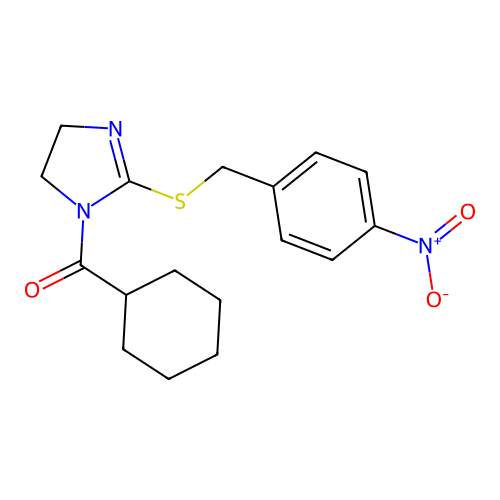 cyclohexyl(2-((4-nitrobenzyl)thio)-4,5-dihydro-1H-imidazol-1-yl)methanone structure