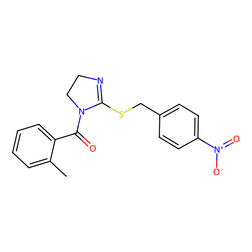(2-((4-nitrobenzyl)thio)-4,5-dihydro-1H-imidazol-1-yl)(o-tolyl)methanone structure