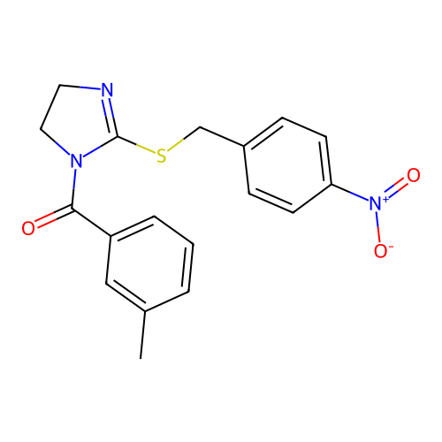 (2-((4-nitrobenzyl)thio)-4,5-dihydro-1H-imidazol-1-yl)(m-tolyl)methanone structure