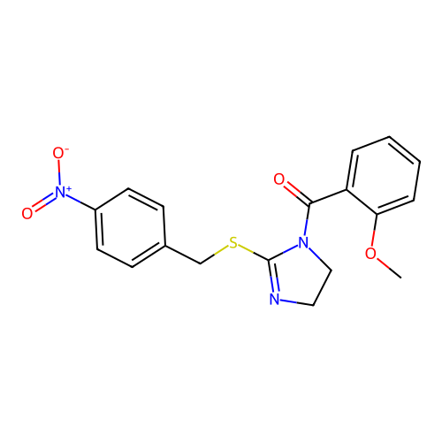 (2-methoxyphenyl)(2-((4-nitrobenzyl)thio)-4,5-dihydro-1H-imidazol-1-yl)methanone structure