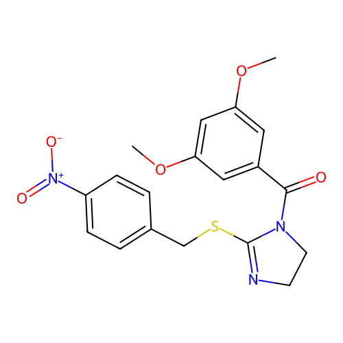 (3,5-dimethoxyphenyl)(2-((4-nitrobenzyl)thio)-4,5-dihydro-1H-imidazol-1-yl)methanone structure