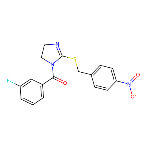 (3-fluorophenyl)(2-((4-nitrobenzyl)thio)-4,5-dihydro-1H-imidazol-1-yl)methanone structure