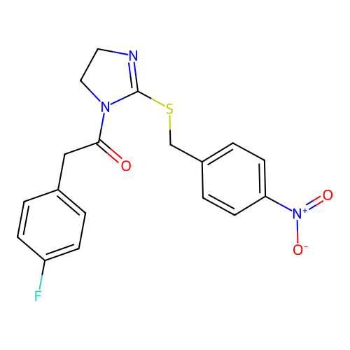2-(4-fluorophenyl)-1-[2-[(4-nitrophenyl)methylsulfanyl]-4,5-dihydroimidazol-1-yl]ethanone structure