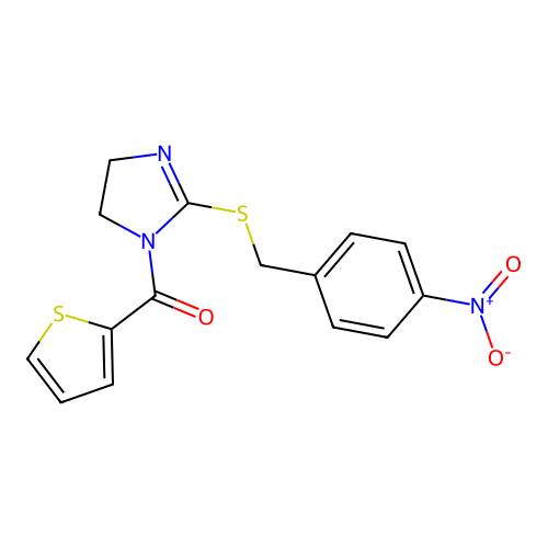 (2-((4-nitrobenzyl)thio)-4,5-dihydro-1H-imidazol-1-yl)(thiophen-2-yl)methanone structure