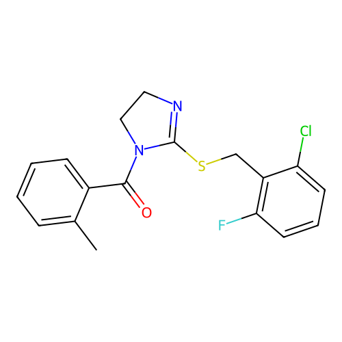 (2-((2-chloro-6-fluorobenzyl)thio)-4,5-dihydro-1H-imidazol-1-yl)(o-tolyl)methanone structure