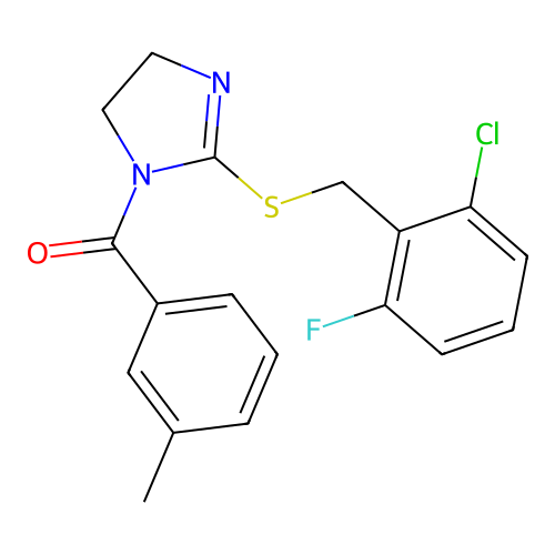 (2-((2-chloro-6-fluorobenzyl)thio)-4,5-dihydro-1H-imidazol-1-yl)(m-tolyl)methanone structure