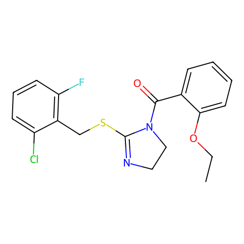 (2-((2-chloro-6-fluorobenzyl)thio)-4,5-dihydro-1H-imidazol-1-yl)(2-ethoxyphenyl)methanone structure
