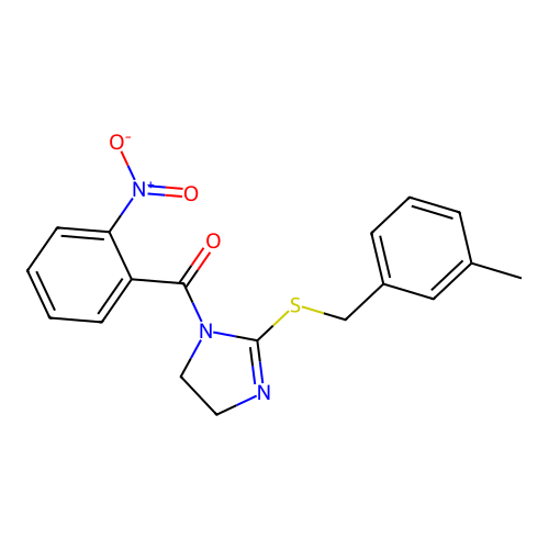 (2-((3-methylbenzyl)thio)-4,5-dihydro-1H-imidazol-1-yl)(2-nitrophenyl)methanone structure