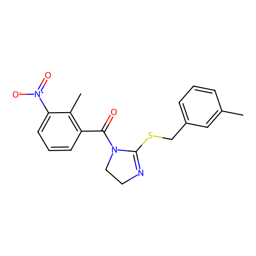 (2-methyl-3-nitrophenyl)(2-((3-methylbenzyl)thio)-4,5-dihydro-1H-imidazol-1-yl)methanone structure