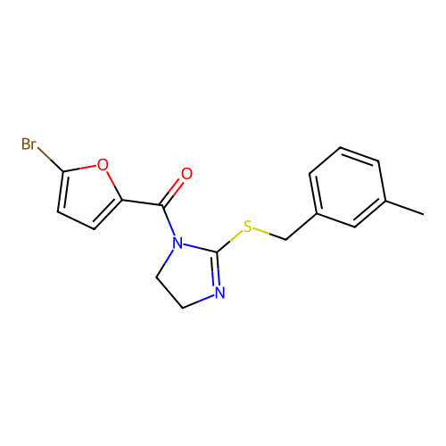 (5-bromo-2-furanyl)-[2-[(3-methylphenyl)methylthio]-4,5-dihydroimidazol-1-yl]methanone structure