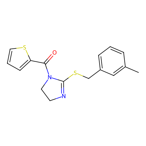 (2-((3-methylbenzyl)thio)-4,5-dihydro-1H-imidazol-1-yl)(thiophen-2-yl)methanone structure