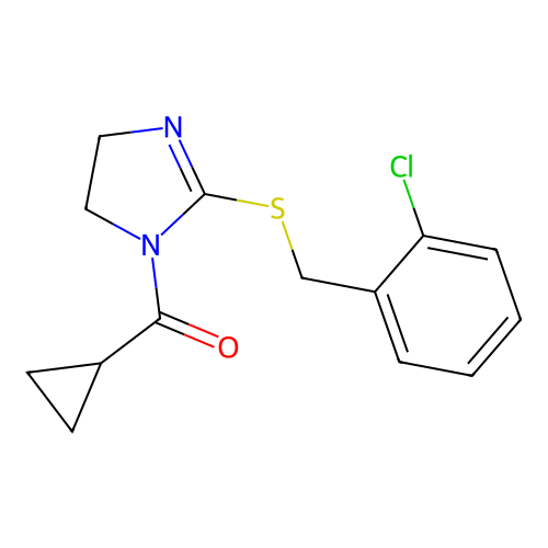 (2-((2-chlorobenzyl)thio)-4,5-dihydro-1H-imidazol-1-yl)(cyclopropyl)methanone structure