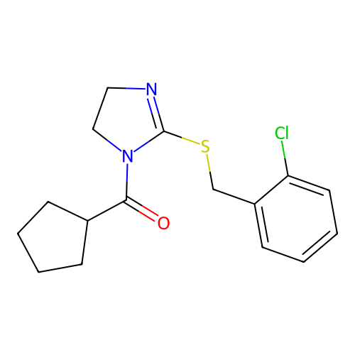 (2-((2-chlorobenzyl)thio)-4,5-dihydro-1H-imidazol-1-yl)(cyclopentyl)methanone structure