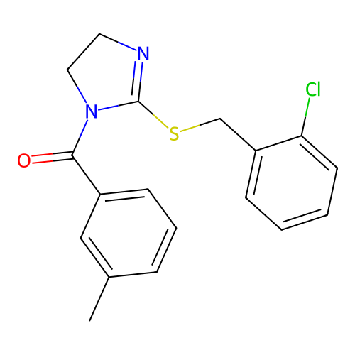 (2-((2-chlorobenzyl)thio)-4,5-dihydro-1H-imidazol-1-yl)(m-tolyl)methanone structure