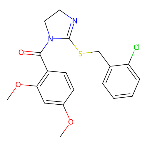 (2-((2-chlorobenzyl)thio)-4,5-dihydro-1H-imidazol-1-yl)(2,4-dimethoxyphenyl)methanone structure