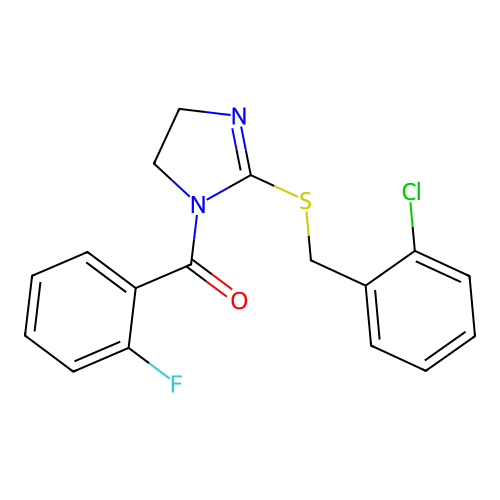 (2-((2-chlorobenzyl)thio)-4,5-dihydro-1H-imidazol-1-yl)(2-fluorophenyl)methanone structure
