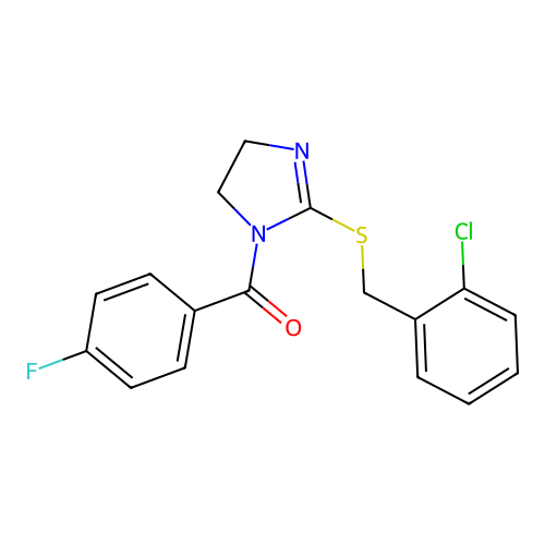(2-((2-chlorobenzyl)thio)-4,5-dihydro-1H-imidazol-1-yl)(4-fluorophenyl)methanone structure