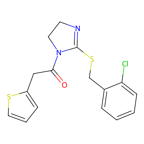1-[2-[(2-chlorophenyl)methylsulfanyl]-4,5-dihydroimidazol-1-yl]-2-thiophen-2-ylethanone structure