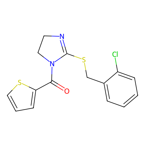 (2-((2-chlorobenzyl)thio)-4,5-dihydro-1H-imidazol-1-yl)(thiophen-2-yl)methanone structure