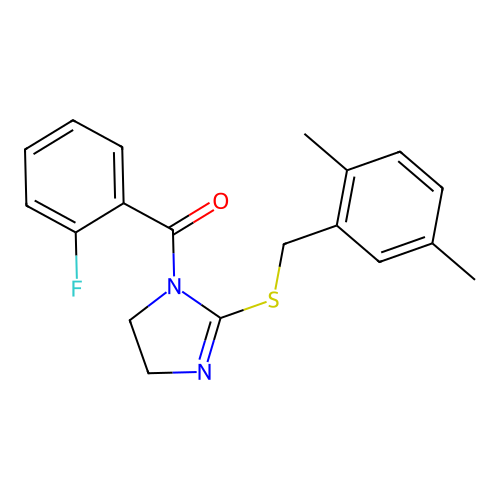 (2-((2,5-dimethylbenzyl)thio)-4,5-dihydro-1H-imidazol-1-yl)(2-fluorophenyl)methanone structure