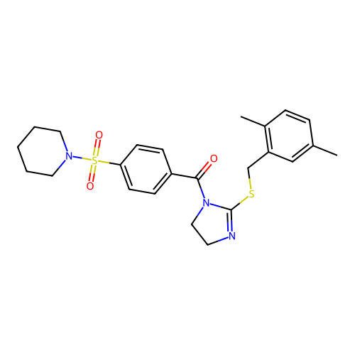 (2-((2,5-dimethylbenzyl)thio)-4,5-dihydro-1H-imidazol-1-yl)(4-(piperidin-1-ylsulfonyl)phenyl)methanone structure