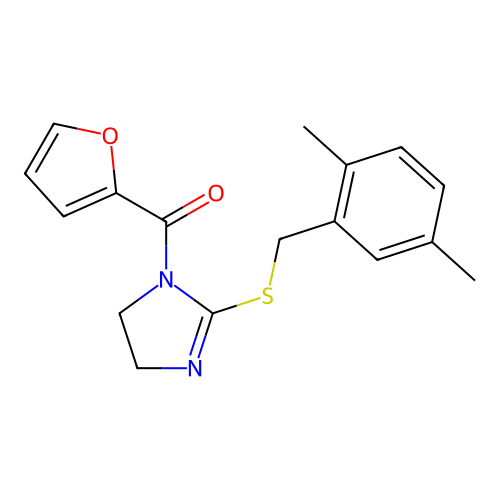 (2-((2,5-dimethylbenzyl)thio)-4,5-dihydro-1H-imidazol-1-yl)(furan-2-yl)methanone structure