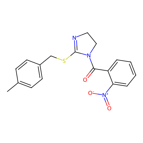 (2-((4-methylbenzyl)thio)-4,5-dihydro-1H-imidazol-1-yl)(2-nitrophenyl)methanone structure
